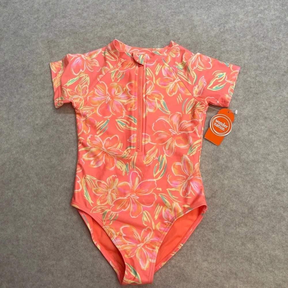 Wonder Nation Rashgaurd Orange Floral 1 Piece Swimsuit Girls size S(6-6X) New